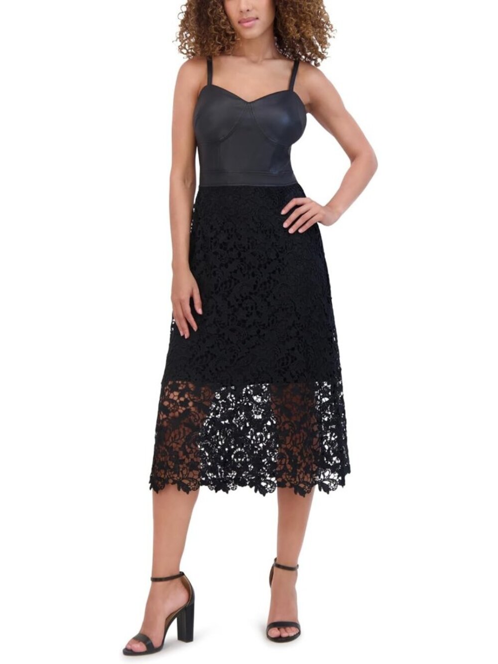 Floral Lace Midi Dress with Sweetheart Neckline | Sleeveless Faux Leather Style
